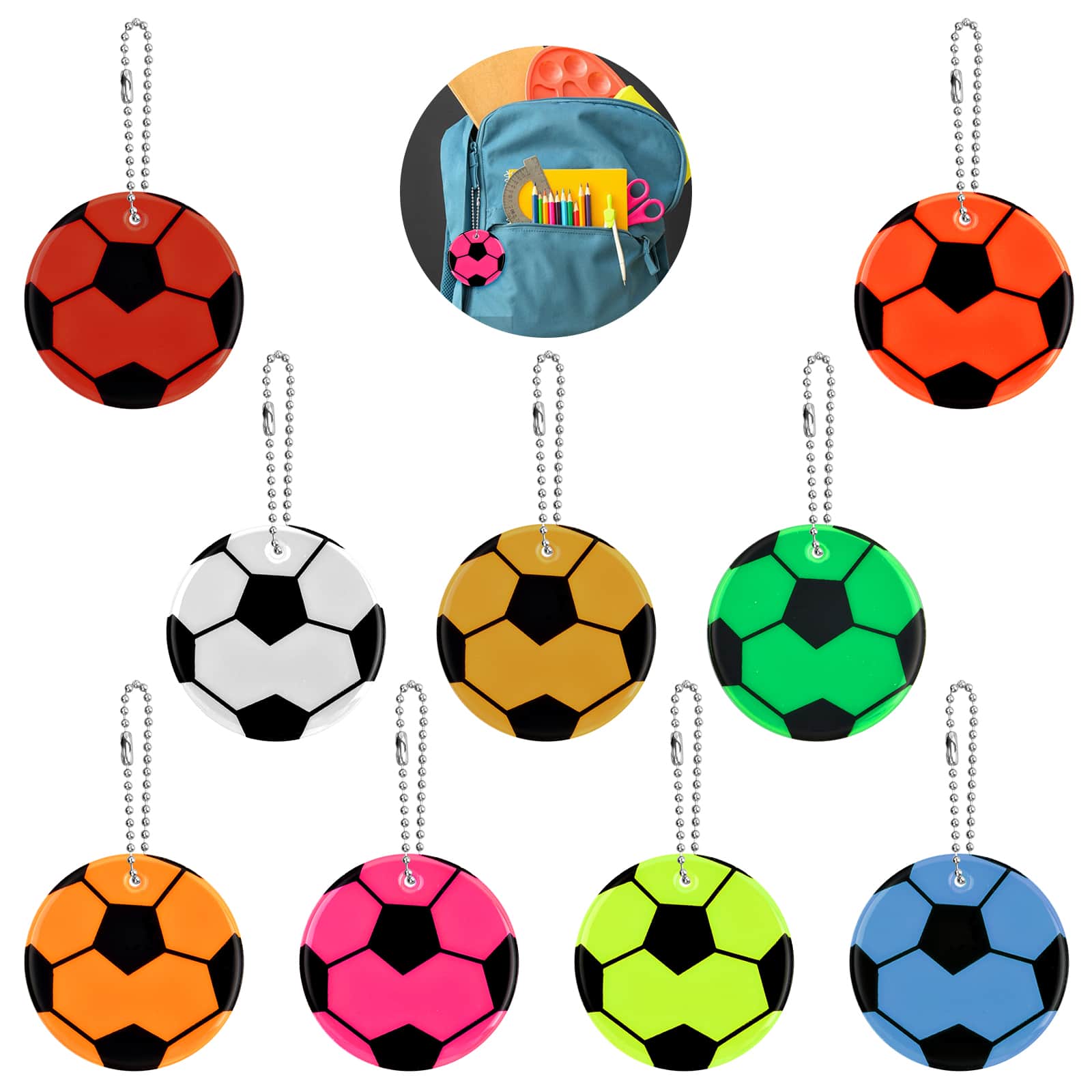 9pcs Children's Reflector Pendant, Football Reflectors for Children, Safety Reflector Pendant, Reflector Pendant for School Bag, Backpack, Pram, Clothing, Pet - Multicolor - View 1
