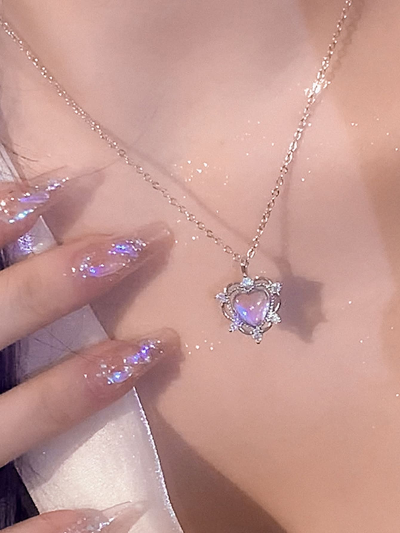 1 Thời Trang Hợp Kim Kẽm Kim Cương Giả Trang Trí Dây Chuyền Trái Tim Vòng Đeo Cổ Cho Nữ Hẹn Hò Quà Tặng - Bạc - Xem 1