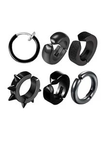 Bộ 6 Thép Không Gỉ Nam Chụp Tai Bông Tai Nữ Phong Cách Đơn Giản Không Xỏ Lỗ Bé Trai Bộ Bông Tai Trang Sức Quà Tặng - màu đen - Xem 1