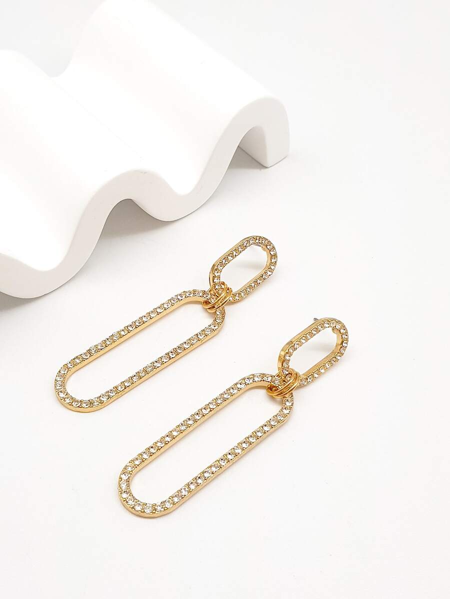 1pair Fashionable & Elegant Gold-Tone Oval Earrings Adorned With Rhinestones For Women - Yellow Gold - View 1