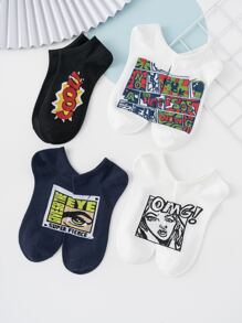 4 Pairs Men's Double Thick Fun Personalized Cartoon Cute Multicolor Jacquard Digit Graphic Pattern Short Socks, Athletic Socks, All Season, European & American Size, Comfortable Breathable Durable, Rich Colors, Suitable For Daily Wear, Premium Fabric, Non-Sweaty Feet