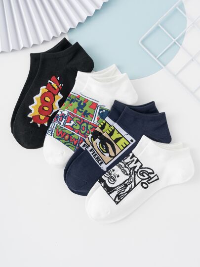4 Cặp Tất Ngắn Họa Tiết Chữ Số Jacquard Hoạt Hình Cá Nhân Dễ Thương Nhiều Màu Cho Nam, Tất Thể Thao, Mọi Mùa, Kích Thước Châu Âu & Châu Mỹ, Thoải Mái Thoáng Khí Bền, Màu Sắc Phong Phú, Thích Hợp Mặc Hàng Ngày, Vải Cao Cấp, Không Đổ Mồ Hôi Chân