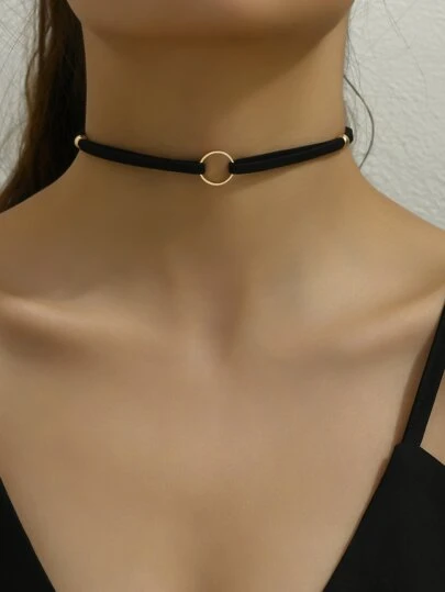 1pc Women's Double Layer Black Faux Suede Pu Leather Choker Necklace With Gothic Style Ring Pendant, Unisex Couple's Summer Choker Accessory, Ideal For Party Dressing Or As Dating Gift For Friends