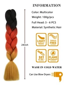Ombre Braiding Hair 24 Inch Braid Hair Extensions 3Pcs Pre Stretched High Temperature Crochet Braiding Hair(Black/Orange/Yellow) - Multicolor - View 3