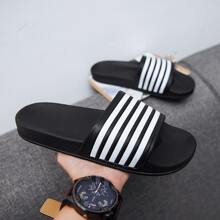 Men's Summer Striped Quick-Drying Anti-Slip Outdoor Slippers, Couples' Open-Toe Home Slippers - Black - View 1