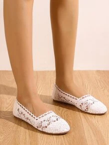 優雅芭蕾舞鞋適合女士,鏤空設計花朵圖案一腳蹬平底鞋 - 白色 - 查看 4