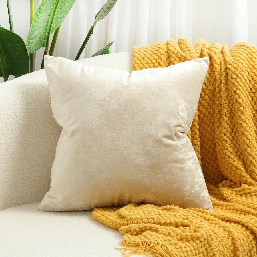 1pc Soft Velvet With Dotted Texture & Snow Flower Pattern Solid Color Cushion Cover, Suitable For Sofa, 18x18 Inches, Beige - Beige - View 1