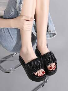 厚底凉鞋女式简约风格交叉带一脚蹬凉鞋防滑软鞋垫室内外沙滩鞋 - 黑色 - 查看 5