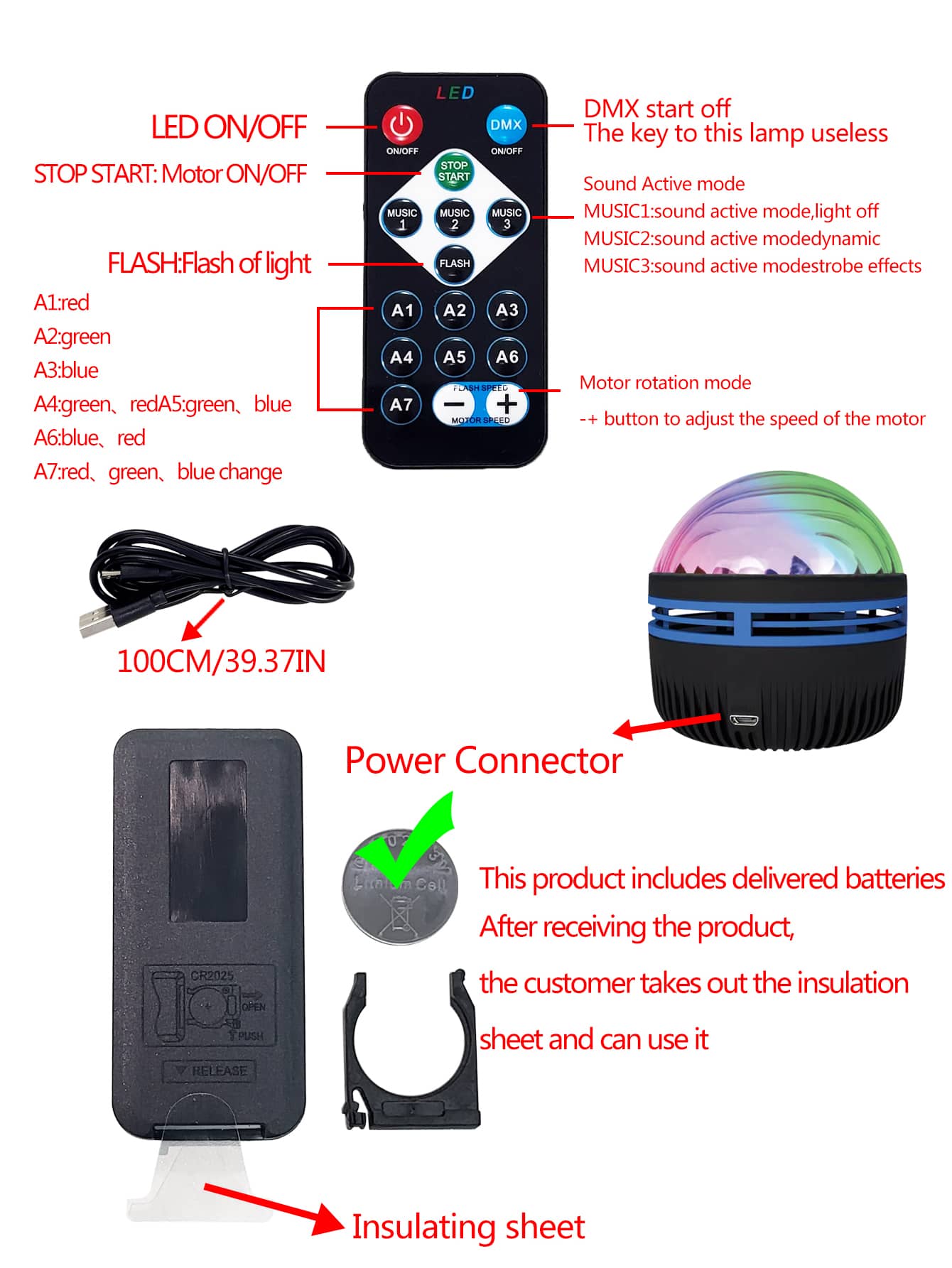 1 set of LED starry sky lights, remote controlled auroral projection