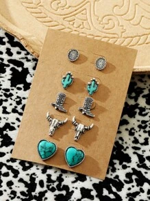5 对复古西式绿松石装饰仙人掌牛仔靴牛头心形耳钉套装适合女士情人节、妈妈、母亲节、礼物