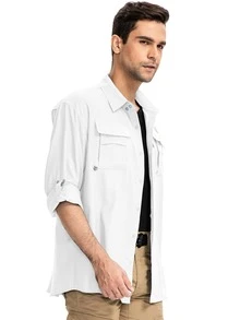 Mens Safari Shirt Long Sleeve UV Protection Hiking Fishing UPF 50+ Quick Dry Camping Travel Shirt - 白色 - 查看 4