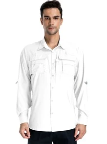 Mens Safari Shirt Long Sleeve UV Protection Hiking Fishing UPF 50+ Quick Dry Camping Travel Shirt - 白色 - 查看 6