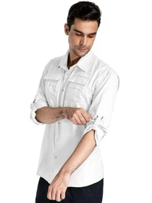 Mens Safari Shirt Long Sleeve UV Protection Hiking Fishing UPF 50+ Quick Dry Camping Travel Shirt - 白色 - 查看 3