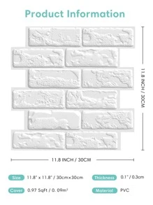 COMMOMY 1/10 件 3D 仿砖剥离粘贴墙板白色自粘厨房瓷砖后挡板加厚设计农舍墙贴防水耐热浴室客厅卧室装饰墙室内墙面装饰 - 白色 - 查看 7
