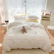 1set White Lace Trimmed Bedding Set - White - View 1