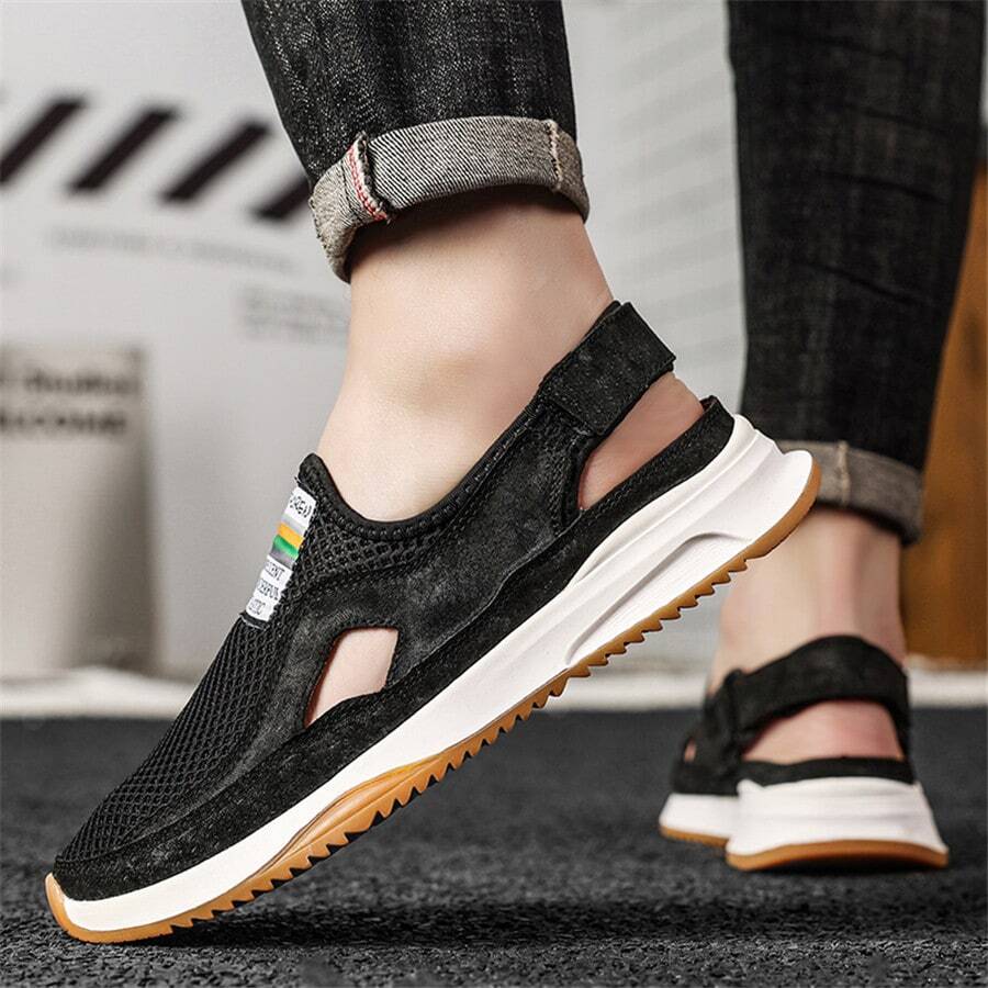 Summer Breathable Mesh Loafers For Men With Elastic Strap, Non-slip Rubber Sole Beach Shoes - Black - View 1