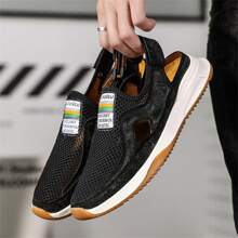 Summer Breathable Mesh Loafers For Men With Elastic Strap, Non-slip Rubber Sole Beach Shoes - Black - View 3