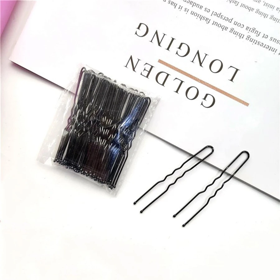 50入組素色合金U型髮夾適用於小圓麵包髮型 - 黑色 - 查看 1