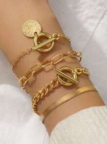 4入组/套復古和極簡多層手鍊適合女士 - 金色 - 查看 2