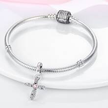 Sterling Silver Cross Pink Cubic Zirconia Pendant For Women For DIY Jewelry Making