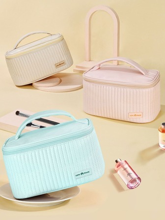 简约绗缝细节 PU 皮革化妆包，轻便化妆品收纳包，纯色盥洗包，绗缝 PU 旅行化妆包化妆包化妆品收纳包