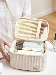 حقيبة مستحضرات تجميل من جلد البولي يوريثان المزرر بتفصيل بسيط، حقيبة تخزين مكياج خفيفة الوزن، حقيبة مستلزمات الحمام بلون واحد، حقيبة مكياج للسفر من جلد البولي يوريثان المزرر، حقائب مكياج ،منظم مكياج