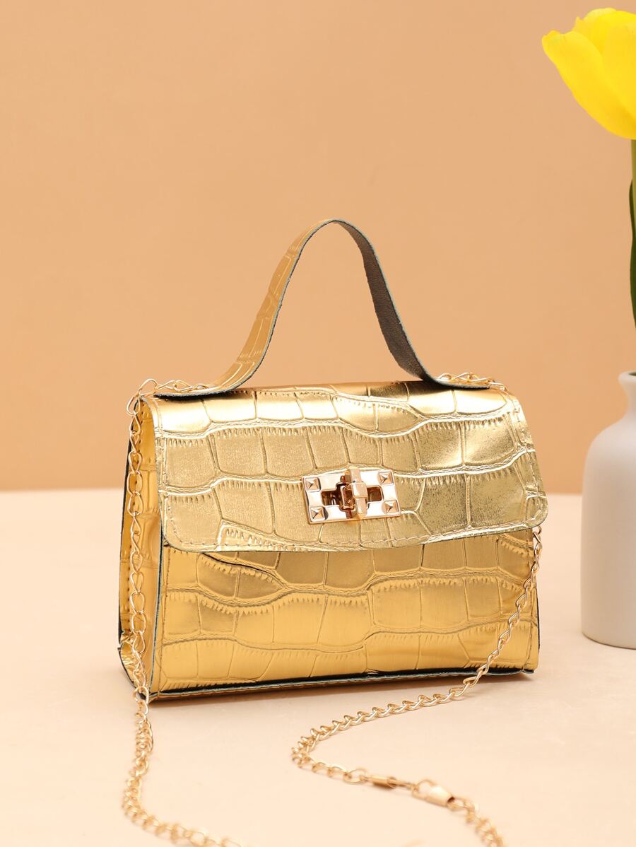Mini Crocodile Texture Túi xách nắp thời trang bằng kim loại bóng với dây chuyền kim loại - Vàng - Xem 1