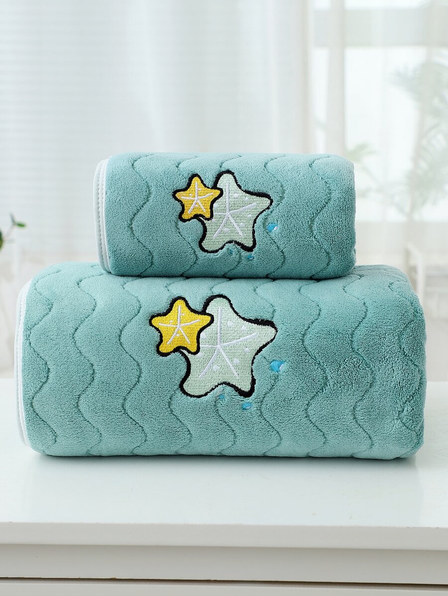 1入組加厚創意珊瑚絨海洋世界海星刺繡波浪圖案吸水懸掛毛巾/浴巾 - 綠色 - 查看 1