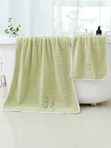 1入組加厚吸水珊瑚絨海洋世界海馬刺繡毛巾帶波浪圖案和懸掛設計洗臉/沐浴/淋浴 - 軍綠色 - 查看 5
