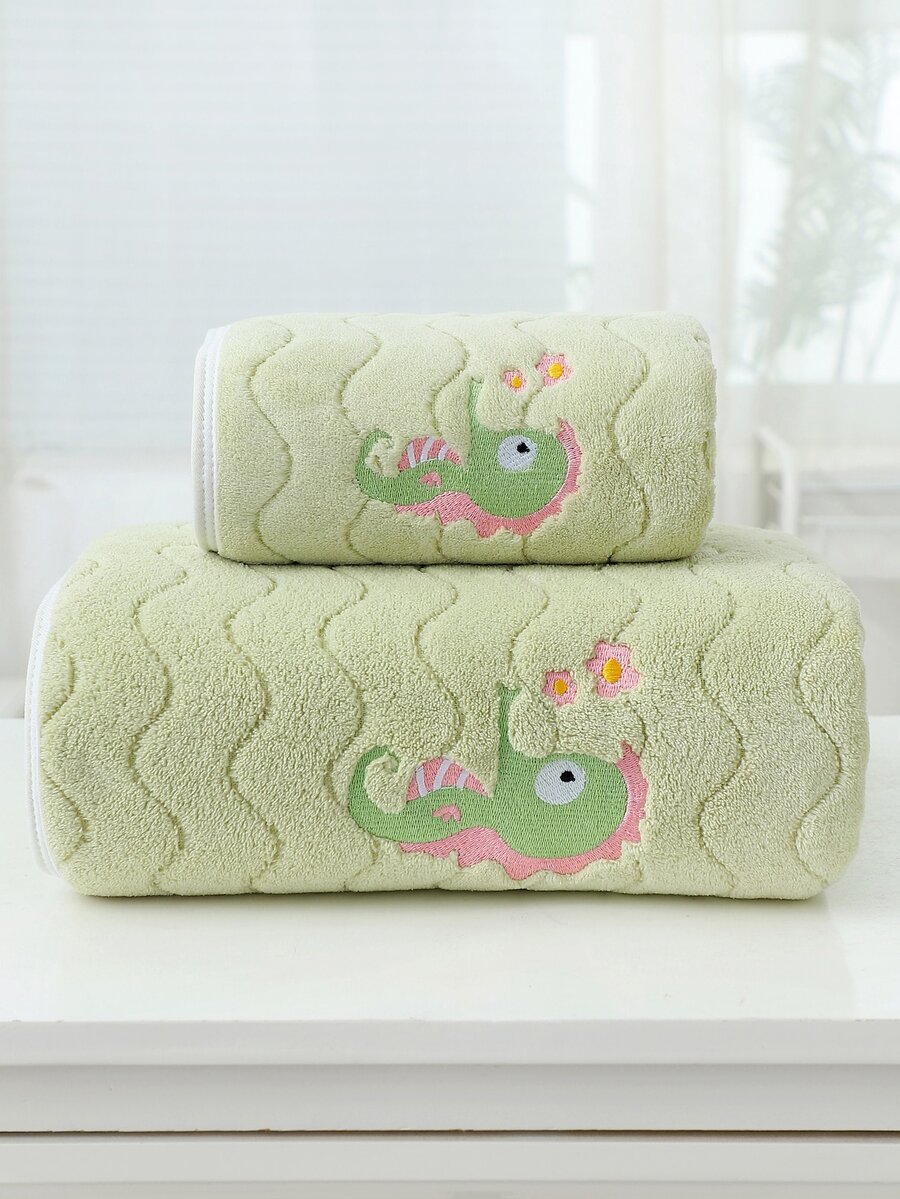 1入組加厚吸水珊瑚絨海洋世界海馬刺繡毛巾帶波浪圖案和懸掛設計洗臉/沐浴/淋浴 - 軍綠色 - 查看 1