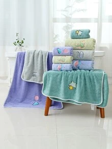 1入組加厚吸水珊瑚絨海洋世界海馬刺繡毛巾帶波浪圖案和懸掛設計洗臉/沐浴/淋浴 - 軍綠色 - 查看 3