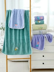 1入組加厚吸水珊瑚絨海洋世界海馬刺繡毛巾帶波浪圖案和懸掛設計洗臉/沐浴/淋浴 - 軍綠色 - 查看 4