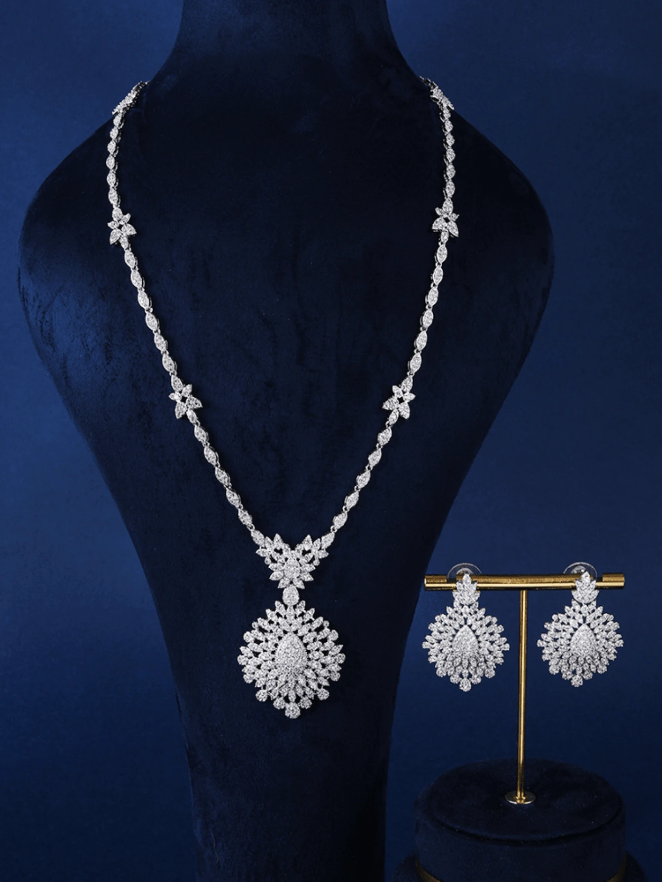 2 cái/bộ Chuỗi áo len thời trang nữ: Bộ vòng cổ và bông tai dài, Phụ kiện cưới pha lê & đá khối Zirconia