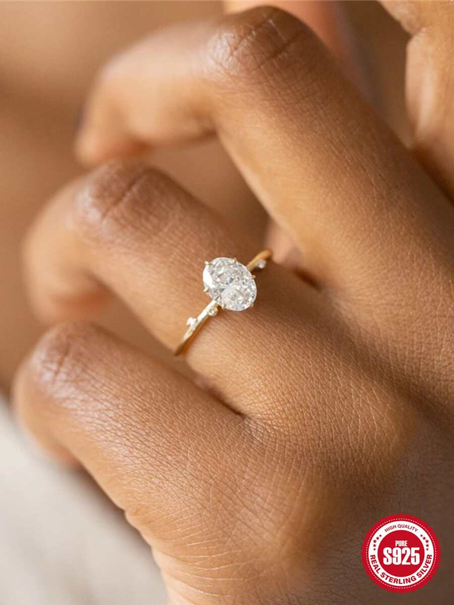 1入組蛋形鑽石方晶鋯石銀戒指適合女士優雅婚禮首飾類