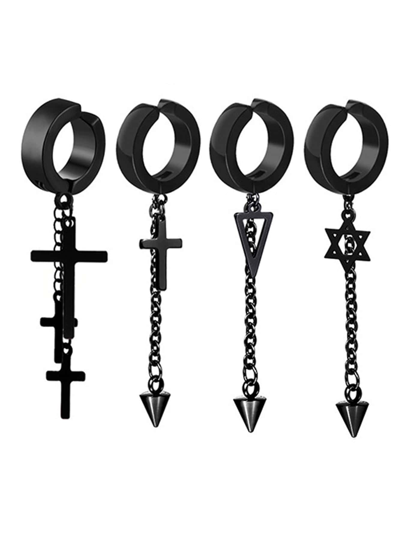 4 Thép Không Gỉ Chụp Tai Chéo Tòn Ten Bông Tai Nam Nữ Punk Đen Không Xỏ Giả Bông Tai - màu đen - Xem 1