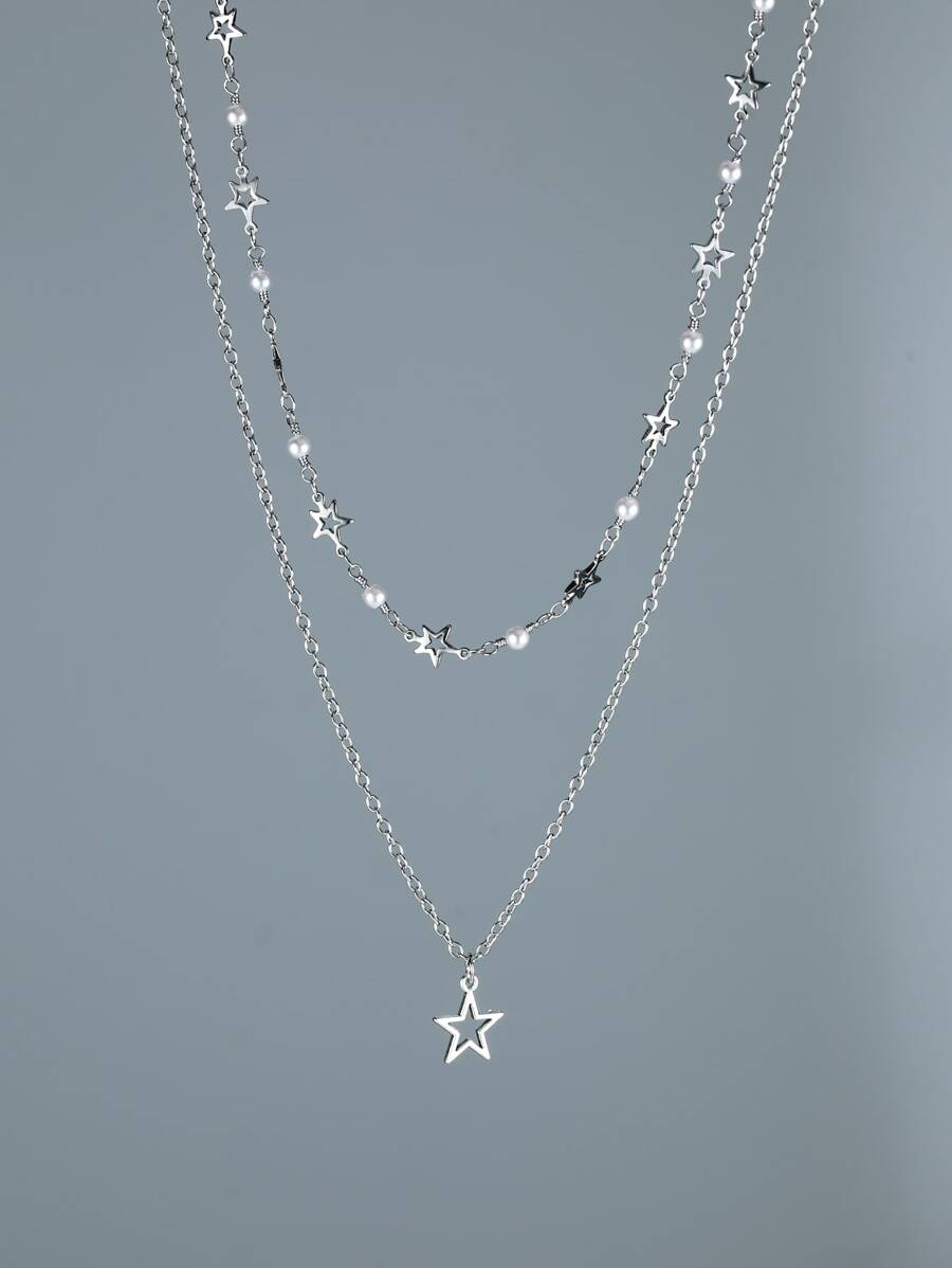 1pc Men's Metallic Chain Star Pendant Multi-layered Necklace