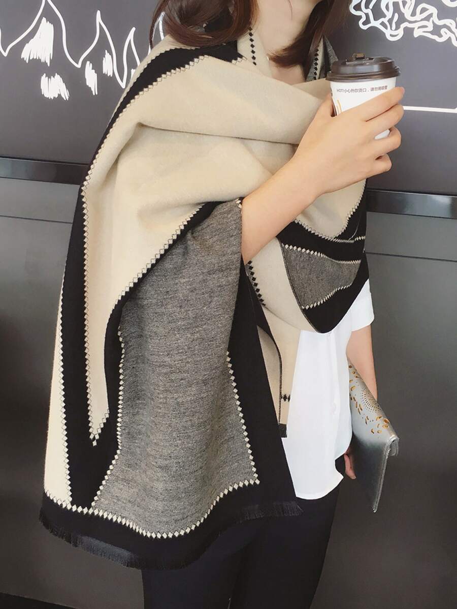 優雅女士圍巾,秋冬保暖厚重雙面披肩,辦公室和日常使用,長款超大,韓國風格 - 黑色 - 查看 1