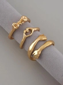 3 件/套超大独特有趣的心形拥抱小指承诺金戒指套装，适合作为送给伴侣或最好的朋友的礼物（卡片包装） - 金色 - 查看 1