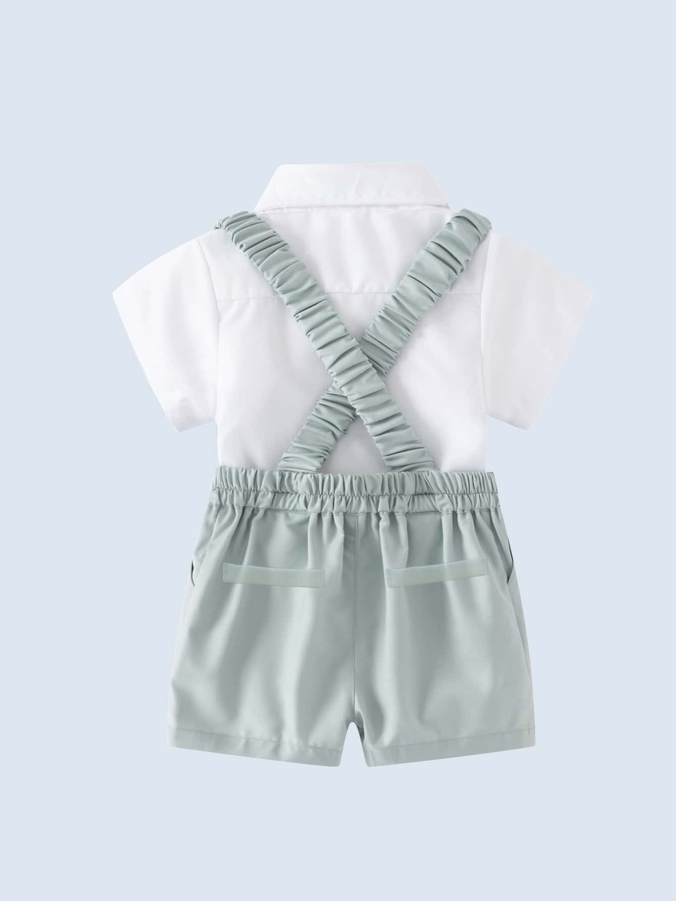 BOARNSEORL 2 件套男婴绅士服装套装，有领短袖衬衫配领结和吊带短裤，时尚精致，适合生日派对、婚礼、正式场合 - 彩色 - 查看 1