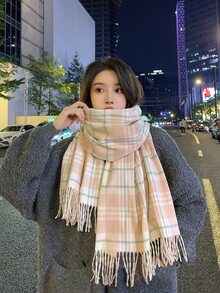1pc Ladies' Plaid Pink Scarf, Warm And Versatile Scarf With Soft Texture And Unique Design For Spring And Autumn - Multicolor - View 4