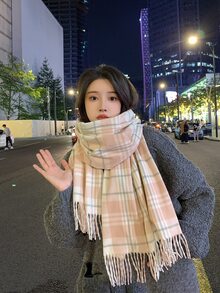 1pc Ladies' Plaid Pink Scarf, Warm And Versatile Scarf With Soft Texture And Unique Design For Spring And Autumn - Multicolor - View 1