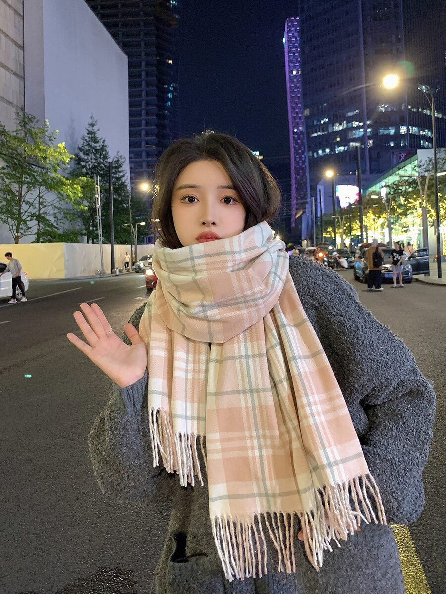 1pc Ladies' Plaid Pink Scarf, Warm And Versatile Scarf With Soft Texture And Unique Design For Spring And Autumn - Multicolor - View 1