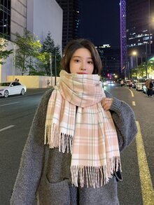 1pc Ladies' Plaid Pink Scarf, Warm And Versatile Scarf With Soft Texture And Unique Design For Spring And Autumn - Multicolor - View 2