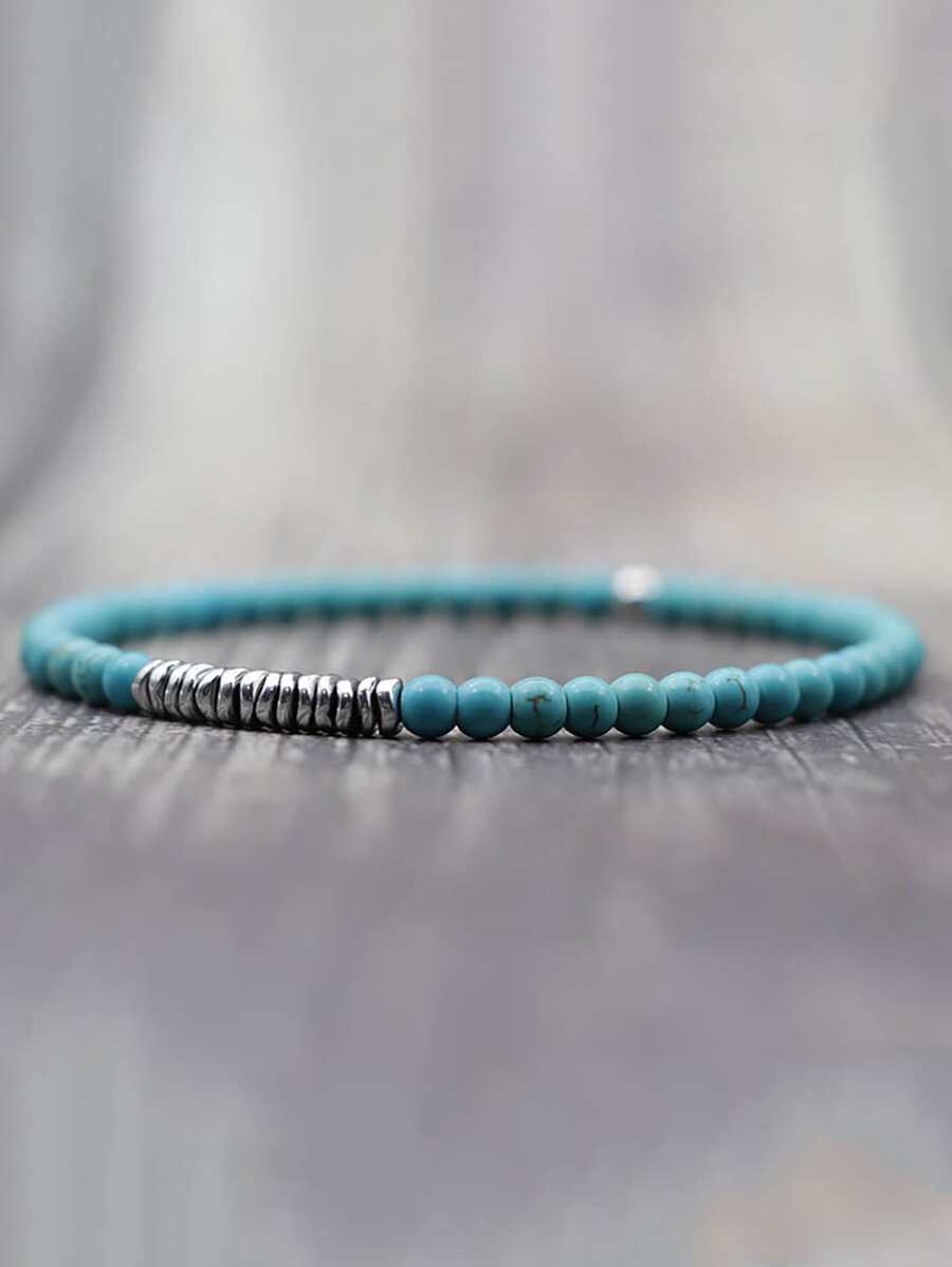 Men's Bohemian Style Dual-Color Beaded Bracelet, Daily Decorative Accessory, Fashionable Punk Style, Create Look - Blue - View 1