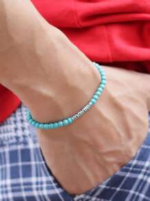 Men's Bohemian Style Dual-Color Beaded Bracelet, Daily Decorative Accessory, Fashionable Punk Style, Create Look - Blue - View 2