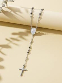 1pc 4mm Stainless Steel Beaded Necklace With Black Cross Pendant, Minimalist European & American Fashion Style Necklace For Women Daily Wear - Silver - View 9