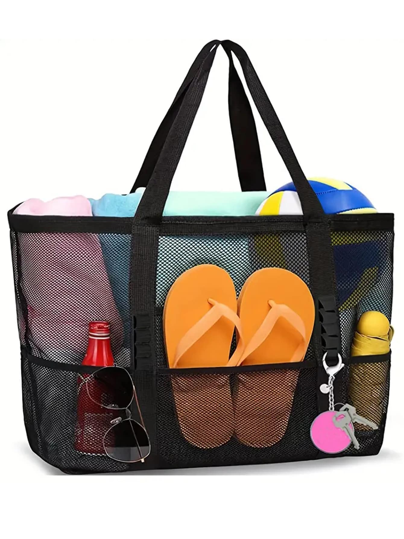 1 pieza Bolsa de playa de malla extra grande - Bolsa de playa antiarena, con gran capacidad, adecuada para uso familiar, plegable y ligera, con cremallera y bolsillo extra, puede contener juguetes y artículos esenciales para vacaciones en la playa - Negro - Ver 1