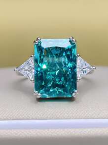 1pc Fashionable & Unique S925 Sterling Silver Women's Square Ring With Green & Cubic Zirconia - Green - View 6