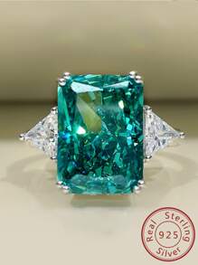 1pc Fashionable & Unique S925 Sterling Silver Women's Square Ring With Green & Cubic Zirconia - Green - View 1