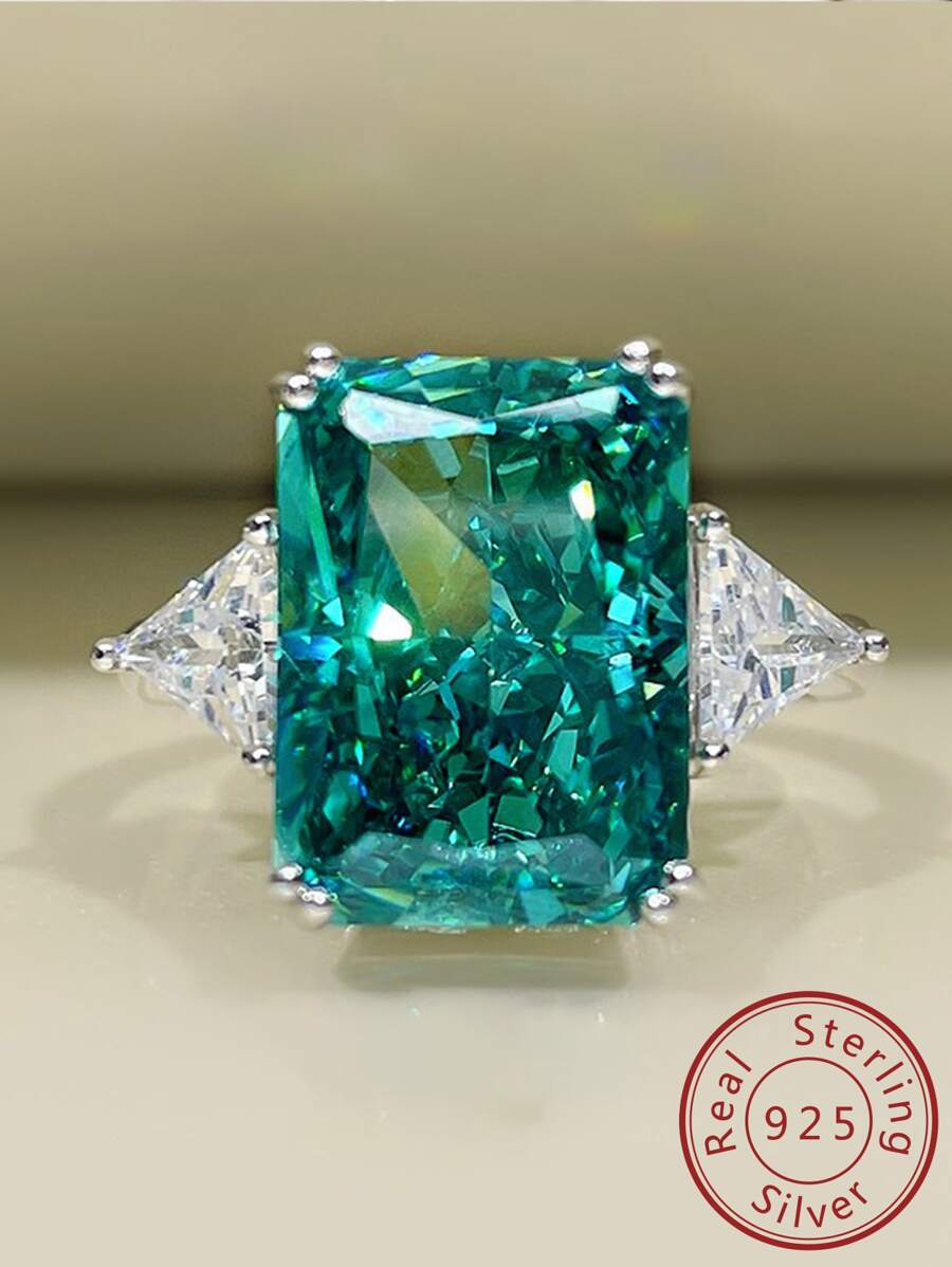 1pc Fashionable & Unique S925 Sterling Silver Women's Square Ring With Green & Cubic Zirconia - Green - View 1